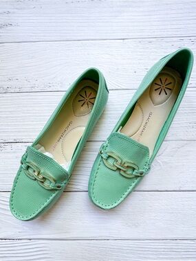 Isaac Mizrahi Live IMREADY Mint Green Leather Chain Link Loafers Moccasins 8.5